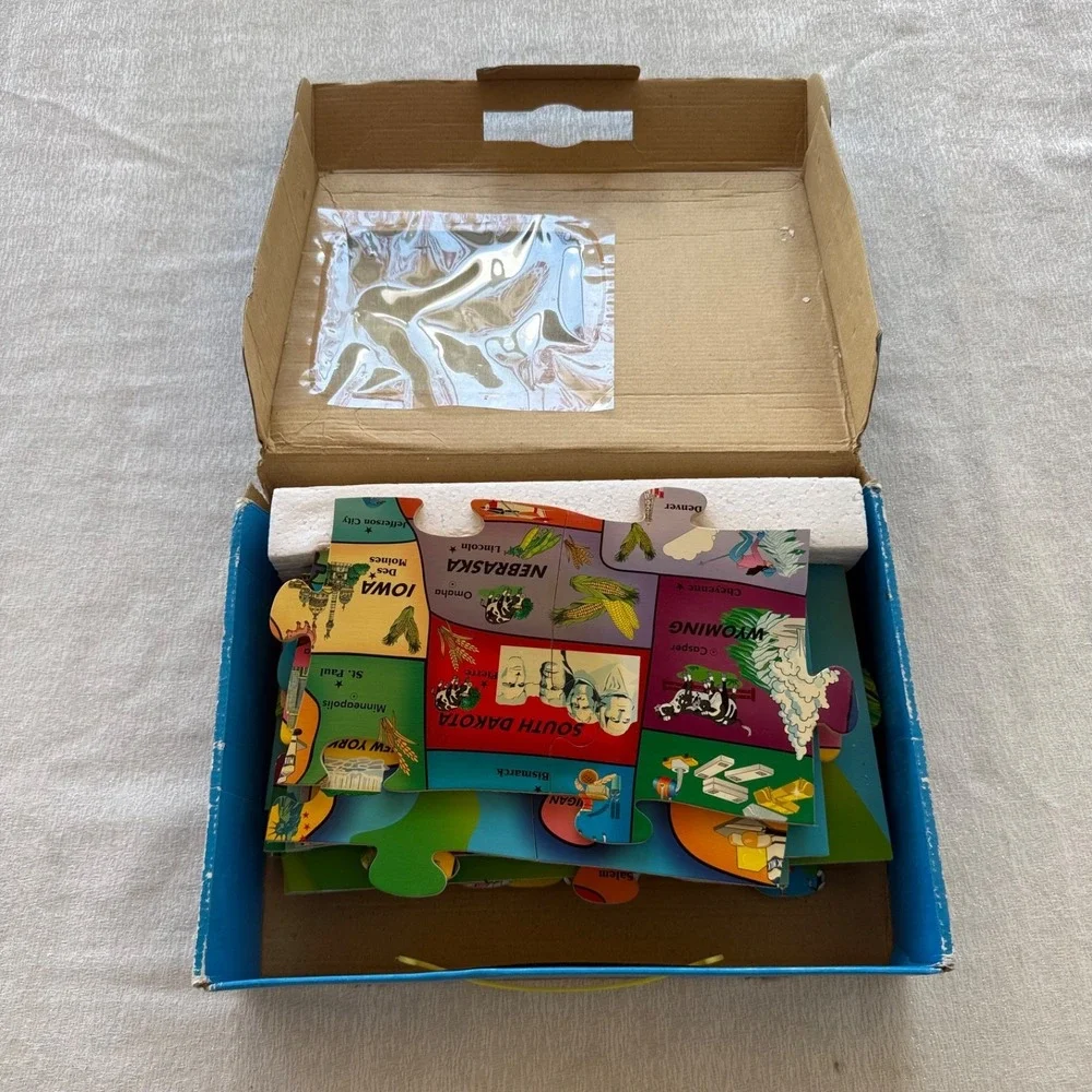 Vintage First Learning Wooden USA Map Floor Puzzle 26 Pcs 36x24 Complete OpenBox